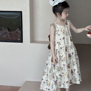 Váy liền cho bé gái họa tiết hoa nhí - váy maxi không tay phong cách vintage đi biển