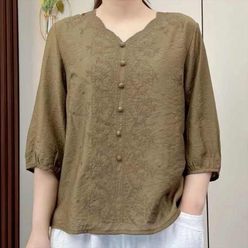 Áo sơ mi nữ phong cách Trung Quốc Retro, thêu đẹp trên cotton và vải lanh, cổ chữ V, tay rộng phù hợp mùa hè