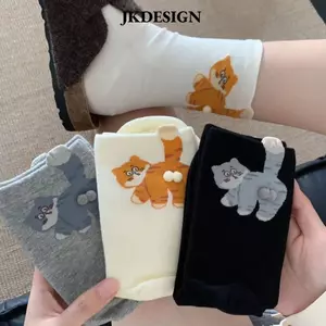 Tất Cotton JKDESIGN Ống Giữa Thoáng Khí, Họa Tiết Trứng Mèo Hút Mồ Hôi cho Nam Nữ