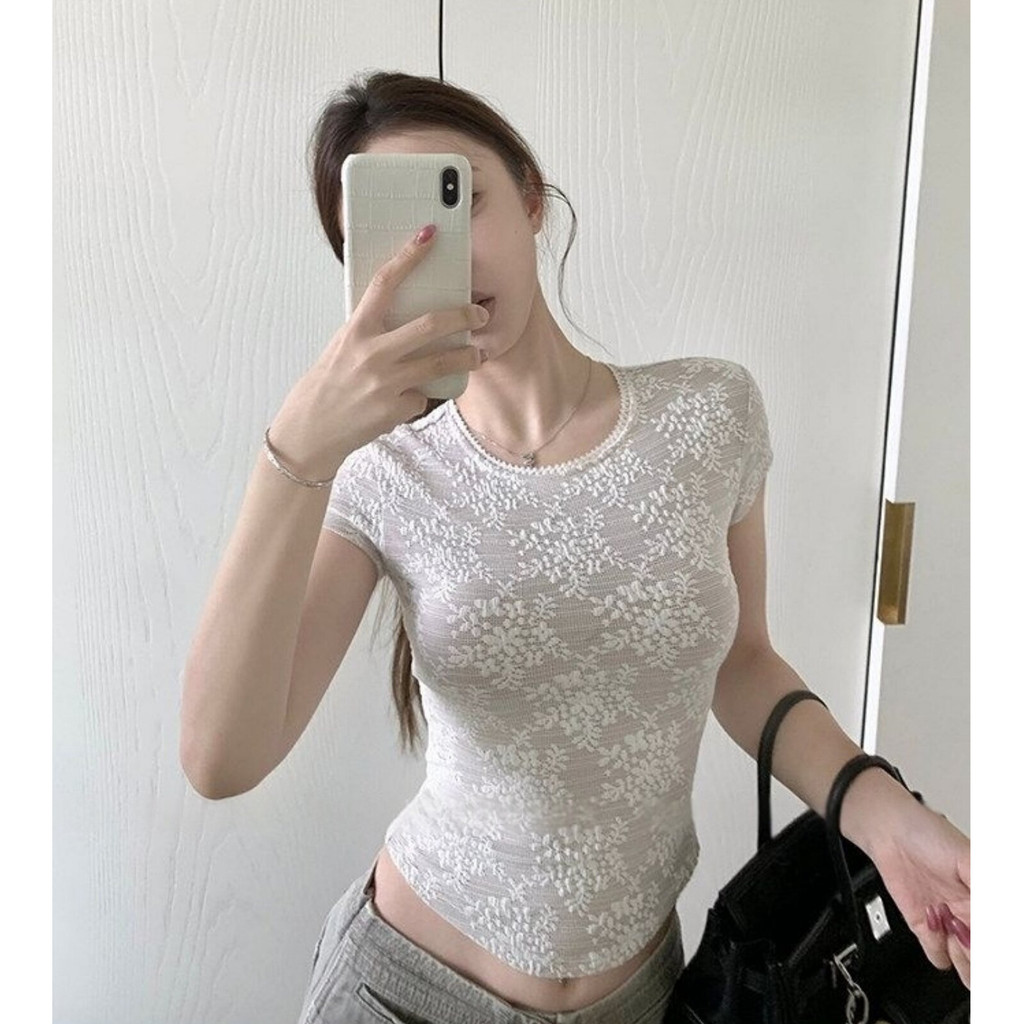 SUXI Áo thun ngắn tay ren mềm mại phong cách Hàn Quốc cho mùa hè 260330