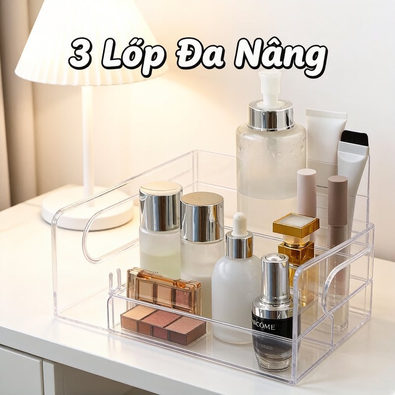 Hộp đựng mỹ phẩm 3 tầng hình thang PET trong suốt đa năng đựng vật dụng nhỏ dễ di chuyển gọn gàng