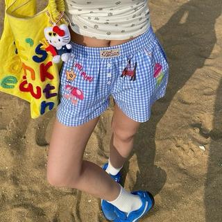 Quần Shorts Quần Đùi Kẻ Caro Đính Cúc Họa Tiết Dễ Thương Phù Hợp Cho Mùa Hè Đi Biển