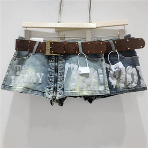 Váy denim chữ A hakama phong cách hotgirl cao cấp, dây kéo, họa tiết vẽ tay