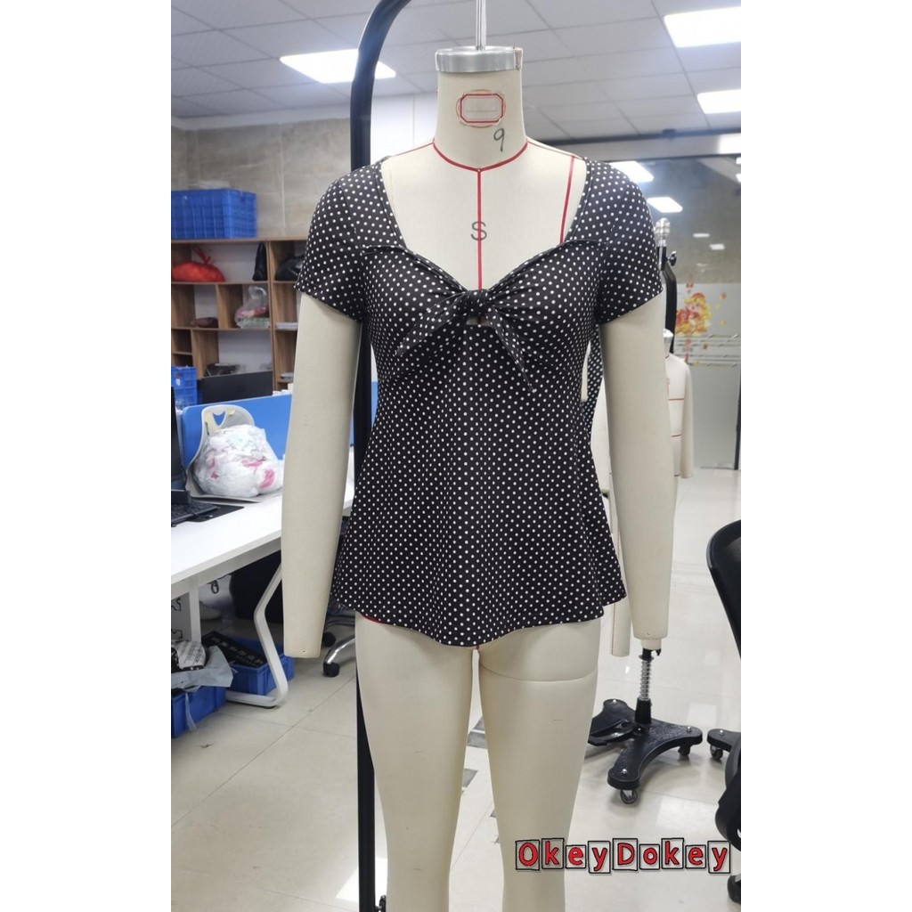 Áo sơ mi babydoll peplum cổ chữ V, họa tiết gingham, nút thắt trước, xu hướng Y2K