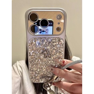 Bảo Vệ Toàn Diện Ống Kính Mạ Bạc Lấp Lánh Sequin 3D Làm Giàu Dây Đeo Cổ Tay Ngựa Ốp Lưng Điện Thoại Cho iPhone 17Promax 14Promax 15 16 Pro Max Chống Sốc Nữ Vỏ Di Động