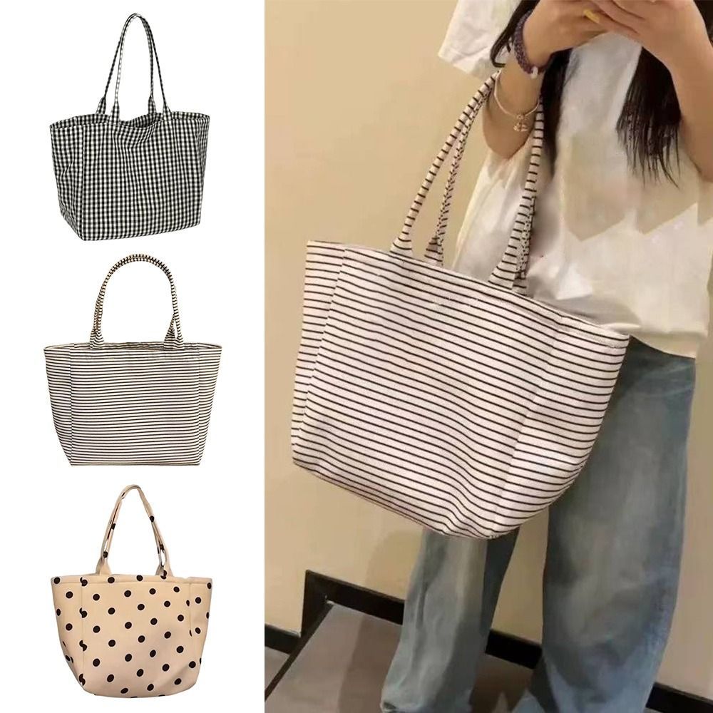 Túi Tote Vải SAIA, Túi Chấm Bi In Sọc In Chấm Bi, Phong Cách Lười Kiểm Tra In Chất Liệu Vải Dung Tích Lớn Tote Công Suất Lớn Phong Cách Trẻ Trung
