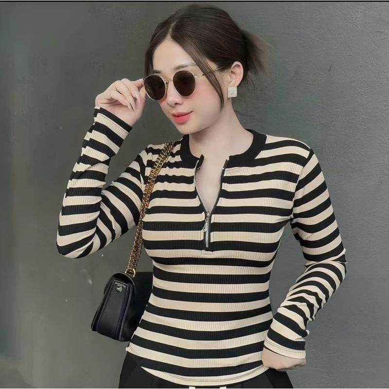 Áo Thun Nữ Tay Dài Dây Khóa Kéo Bᶖgsize 45-85kg ESHOP Áo Kiểu Cổ Trụ Thun Cotton Mềm Mịn MS534TD