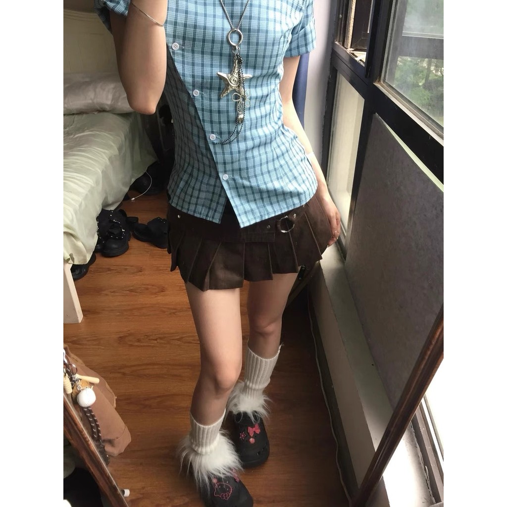 SUXI Áo sơ mi ngắn tay kẻ sọc nhẹ nhàng và giản dị cho nữ 260128