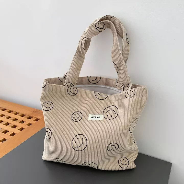 Túi tote vải nhung nụ cười Túi tote vải nhung Túi tote vải nhung Túi đựng đồ ăn trưa Túi đựng sức chứa lớn Túi vải dệt Túi vải Dây kéo Túi thông thường Túi vuôn – 2