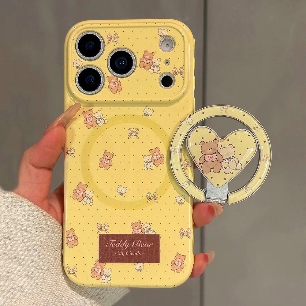 Giá đỡ từ tính Bear Side Love Heart Vỏ điện thoại mềm cho iPhone 17 Pro Max 16 15 14 13 Vỏ bảo vệ chống sốc