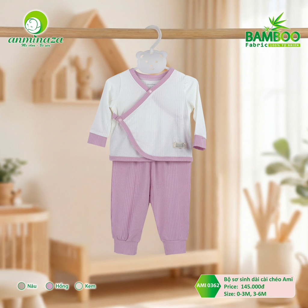 Bộ Sơ Sinh Cài Chéo Anminaza Vải Tăm Tre An Toàn Thấm Hút - Hàng Chính Hãng AMI0362