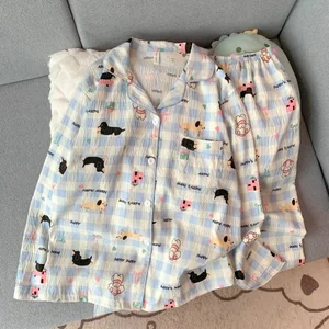 Hàng sẵn có Bộ Đồ Ngủ Mùa Thu Nữ Mây Cotton Ve Áo Cardigan Dài Tay Quần Ngọt Ngào Cô Gái Dễ Thương Homewear Phù Hợp Với