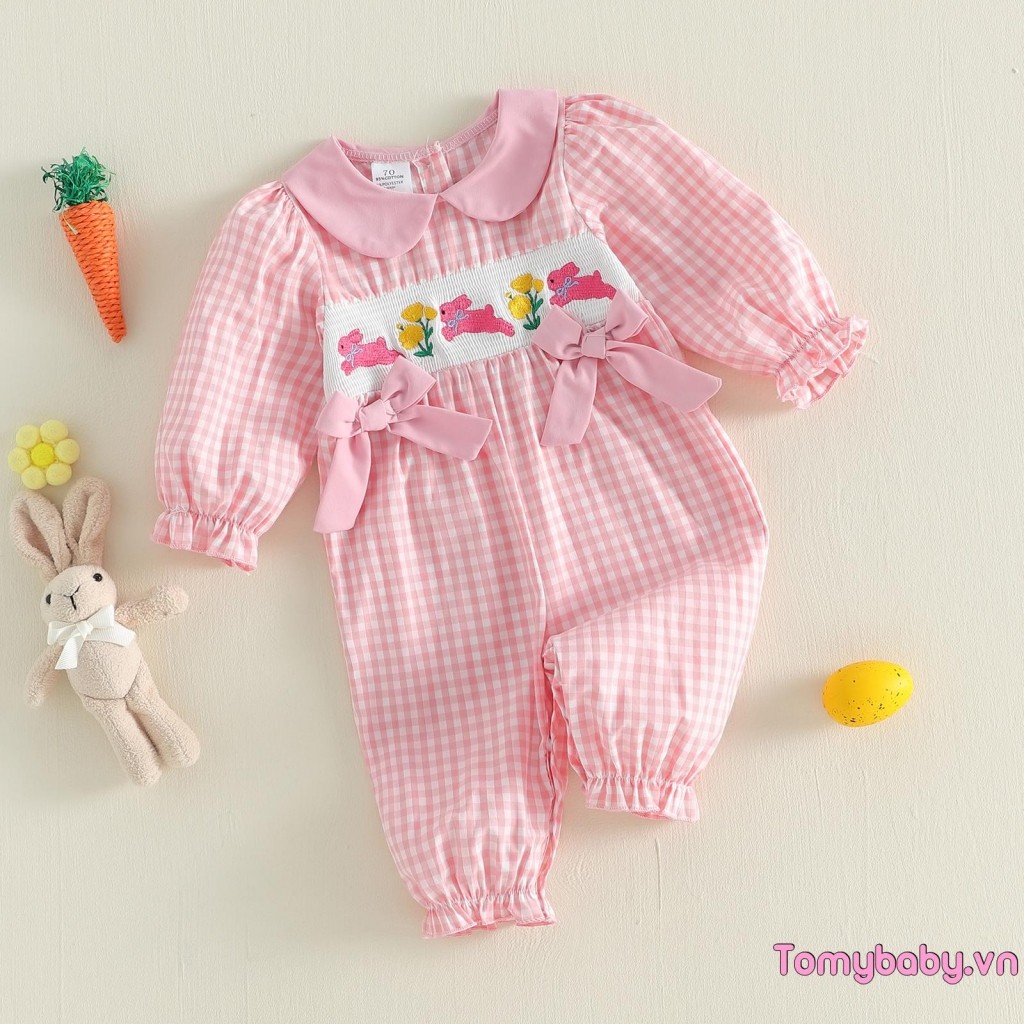 Bé Gái Phục Sinh Rompers Cổ Búp Bê Puff Dài Tay Thỏ Thêu Hoa Kẻ Sọc In Áo liền quần
