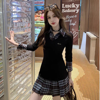Đầm nữ cổ bẻ phối caro tay dài eo cao xếp ly chữ A ngắn phong cách học sinh Closet Diary