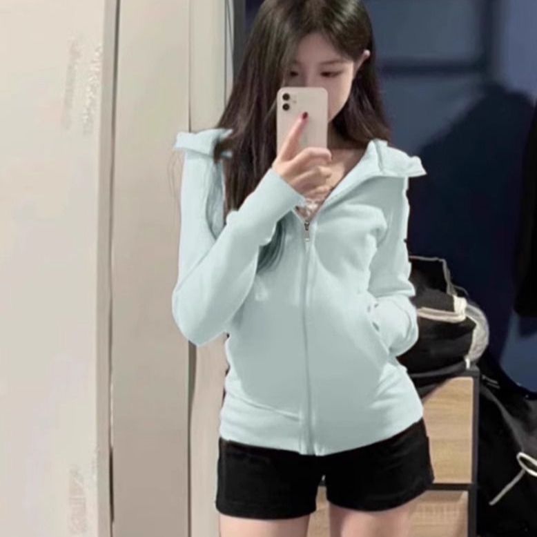 [Phù Hợp Với] Áo khoác nữ Dopamine slim-fit, có mũ trùm đầu, thể thao, nẹp ngắn, lông cừu, mùa xuân, phù hợp mọi trận đấu