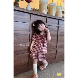 8-26kg Pizama kẻ đỏ hồng cộc tay cho bé gái