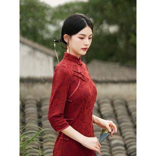 Váy sườn xám dài vừa phải cho Nữ màu đỏ, thanh lịch và ôm dáng, sang trong cao cấp