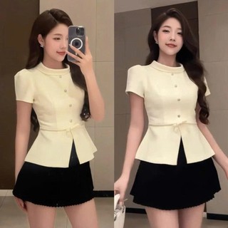 Áo sơ mi dáng peplum cổ đổ phối đai nơ ngang siêu hack dáng, Áo Kiểu Cổ Tròn Chiết Ly Eo Tiểu Thư