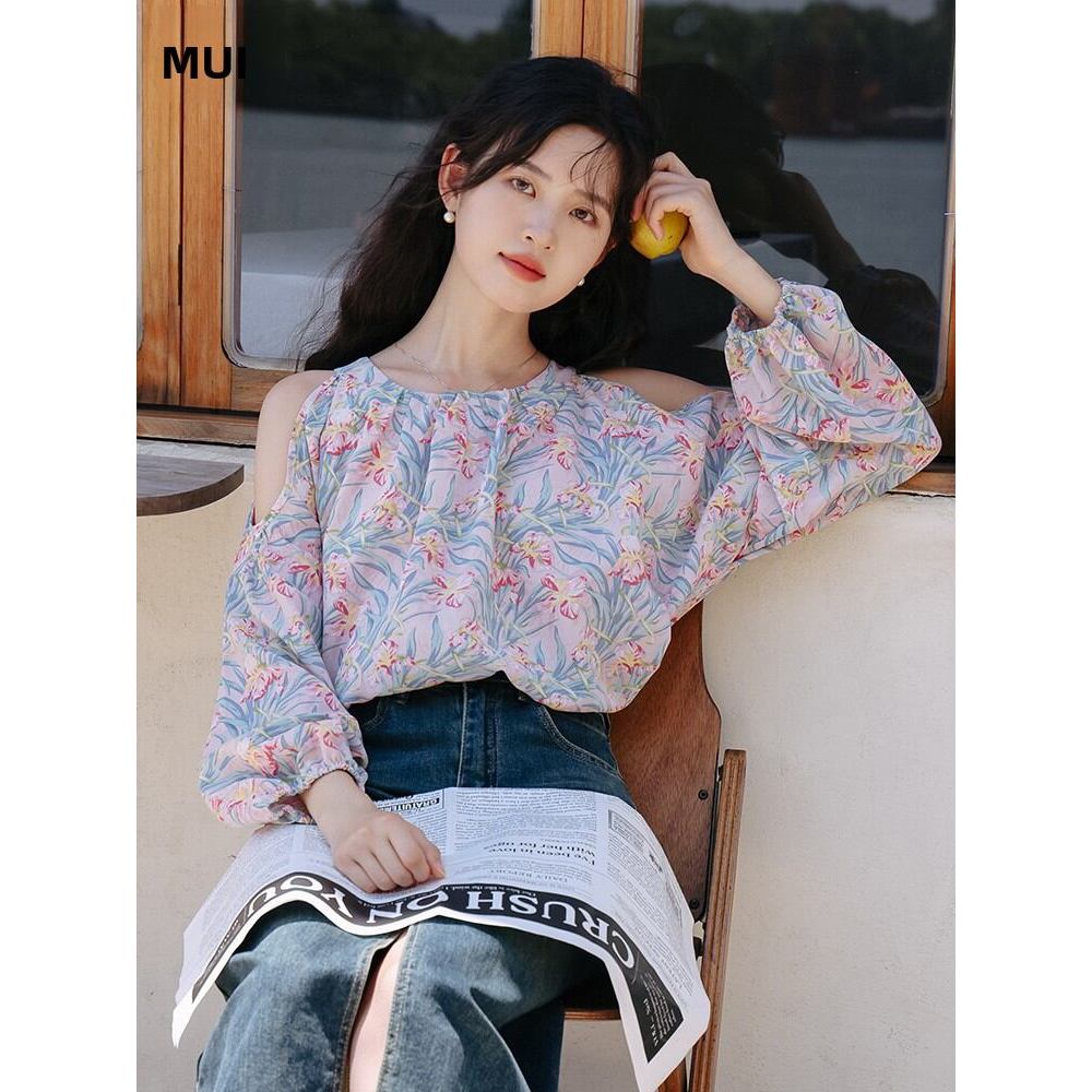Mutu Pháp Áo Sơ Mi Off-Shoulder Voan Phù Hợp Mùa Hè