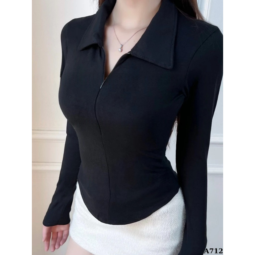 [Mở Bán] Áo Thun Nữ Tay Dài Ôm Body Cổ Bẻ Phối Khoá Kéo Dáng Vạt Bầu Cotton nhuyễn