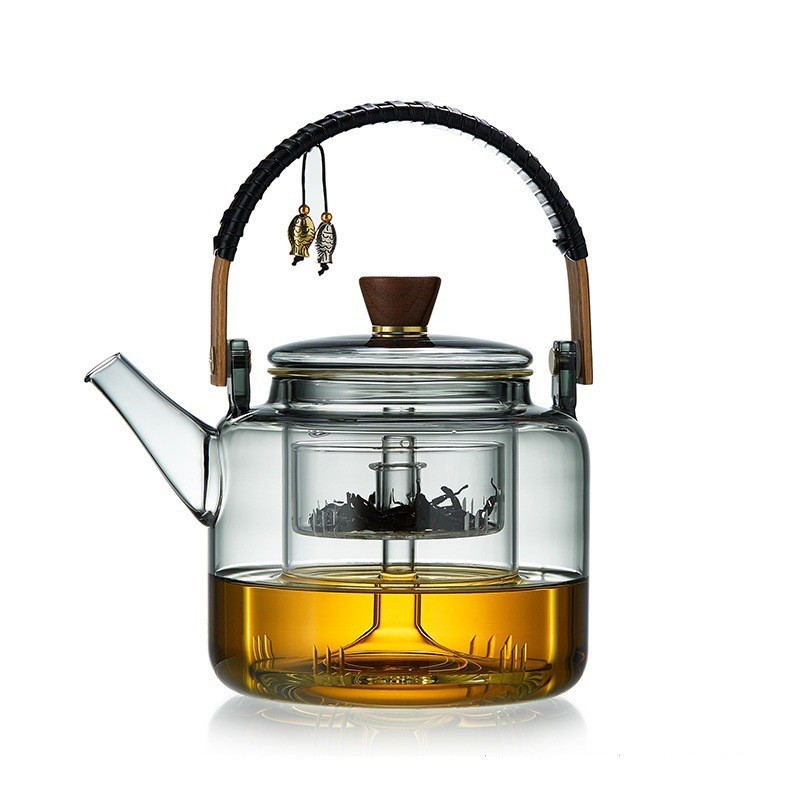 Ấm, Bình Thủy Tinh Pha Trà Có Lõi Lọc Dung Tích 1200 ml (Tay Cầm Bọc Da)