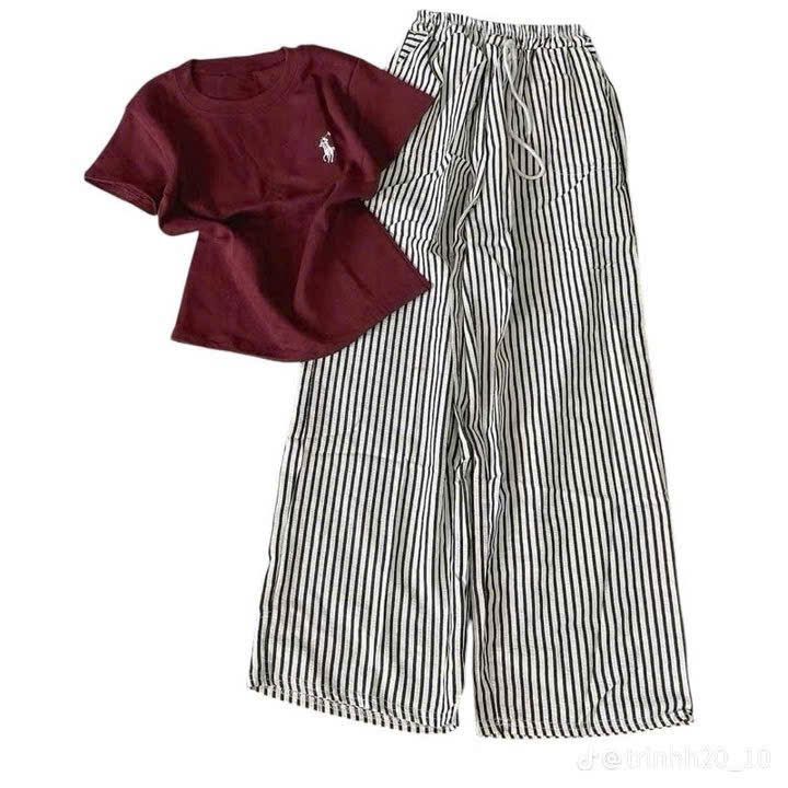 Sét bộ  quần suông đũi xốp kẻ vằn+ phối áo Phông CROPTOP in ngựa nguuc-chang3158