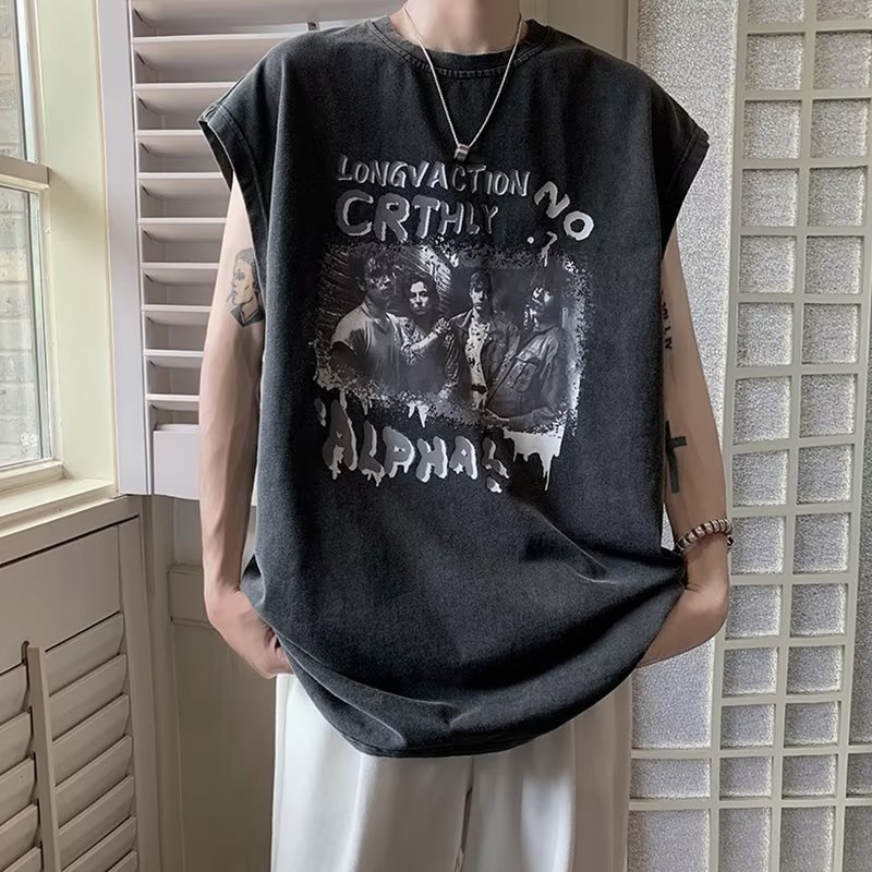 Áo thun không tay streetwear in họa tiết, phù hợp giới trẻ mùa hè