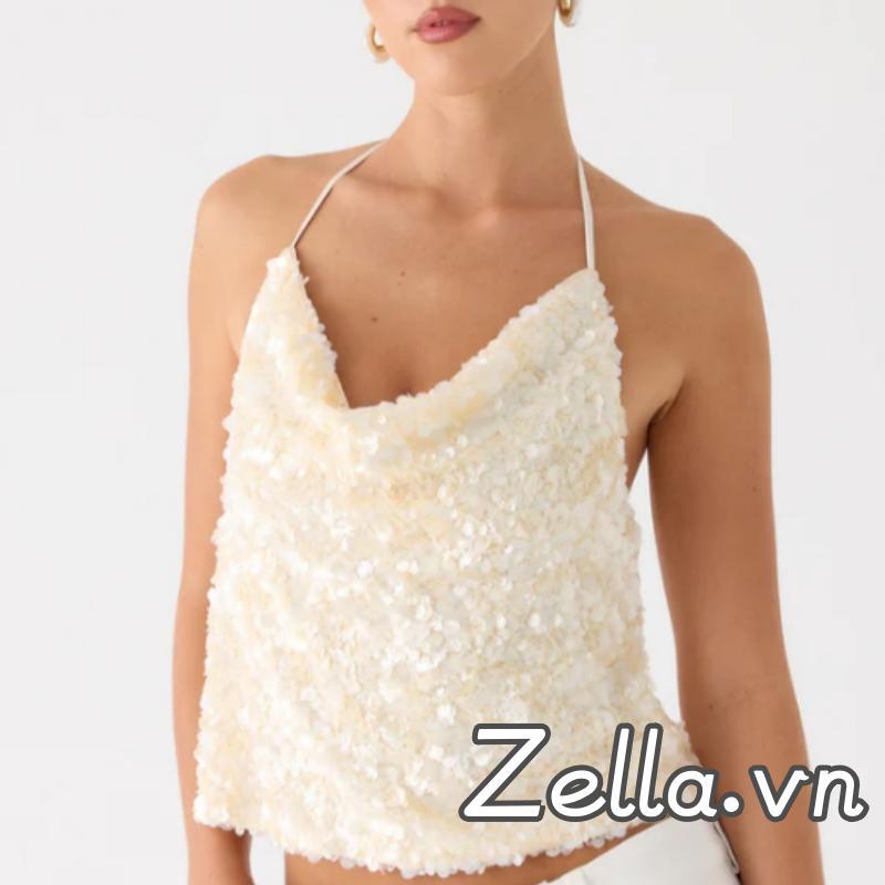 Áo Tank Top Crop Halter KimSa Lấp Lánh Phong Cách Cổ Bò Cho Mùa Hè