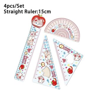 Bộ thước kẻ thẳng PEASEE 4 món hình mèo con, màu đỏ/xanh lá, thước đo hoạt hình vẽ văn phòng phẩm trường học