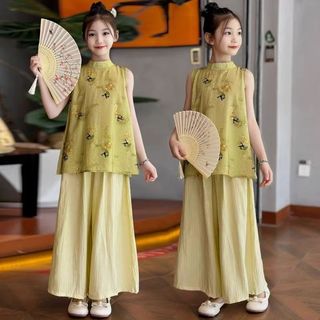Bộ đồ cho bé gái dáng rộng thanh lịch - áo sát nách thêu hoa quần ống rộng mềm nhẹ phong cách cổ điển