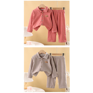 (6m-12Yrs) Bộ đồ ngủ in kẻ sọc trẻ em cổ áo dài tay mùa xuân thu ấm áp chải 2 mảnh mặc nhà