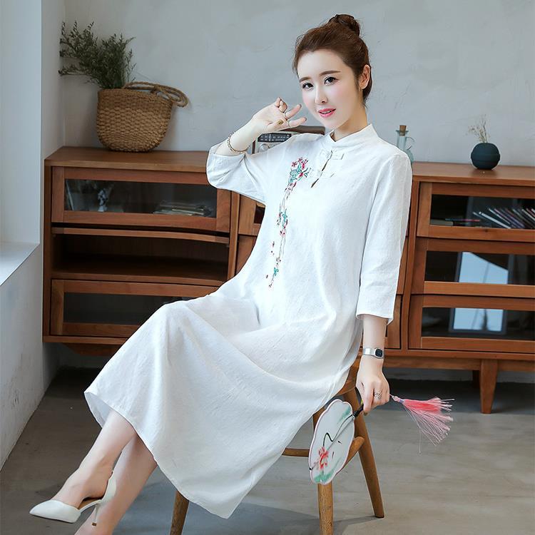 đầm nữ cỡ lớn mới mùa hè dành cho các quý cô, đầm dài vừa phải thêu họa tiết truyền thống bằng vải cotton-linen