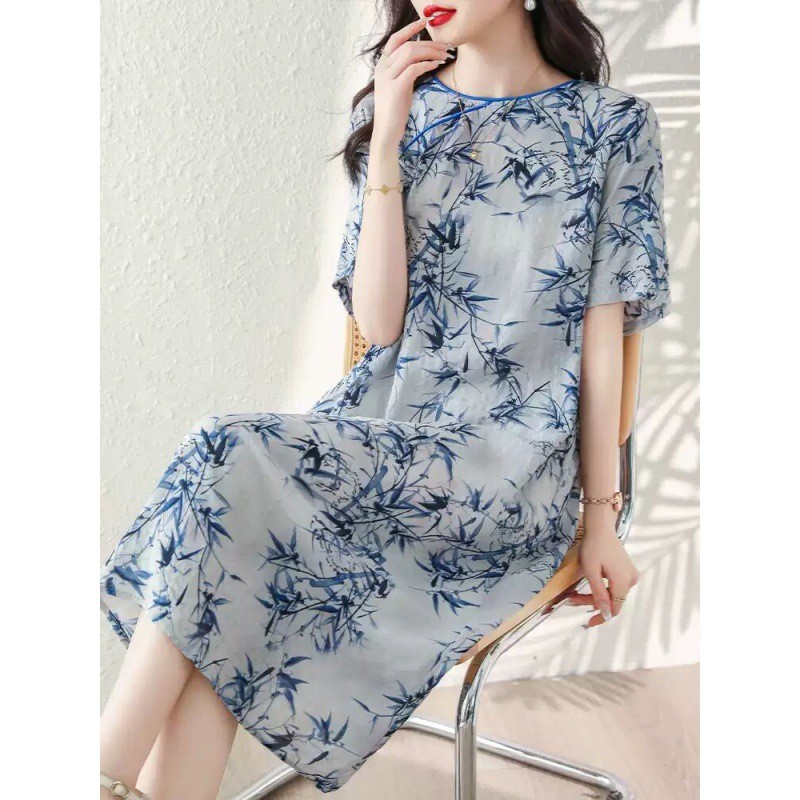 Váy mùa hè mới phong cách Trung Hoa, họa tiết tranh thủy mặc thanh lịch, dáng dài vừa phải, cổ điển, rộng rãi, tôn dáng