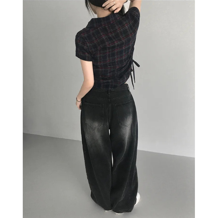 SUXI Áo sơ mi ngắn tay kẻ sọc dây rút cổ điển, phù hợp mùa hè 260324