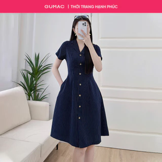 Đầm nữ GUMAC form A sọc xanh cổ danton tay ngắn đính nút giả trang trí  LDF0615
