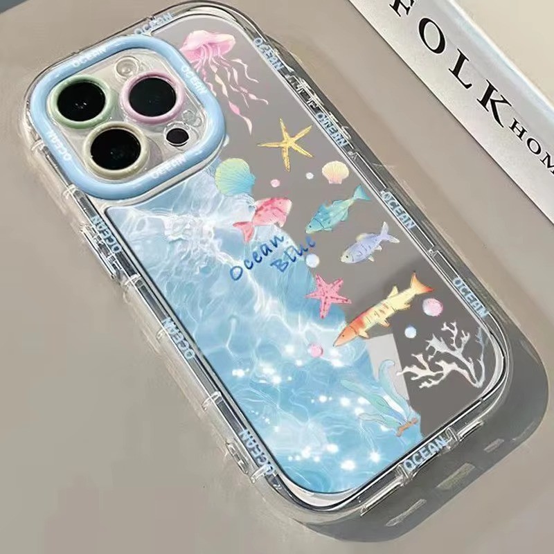 INS Thời Trang Xanh Đại Dương Gương Thiết Kế Ốp Lưng Điện Thoại iPhone 17 16 15 14 13 12 11 Pro Max 7 8 Plus XR X XS Max 16E Mềm Chống Sốc