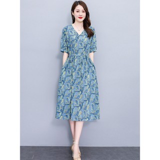 Váy cotton-linen cài nút phong cách retro dành cho nữ, kiểu dáng mùa hè mới, ôm eo, tôn dáng, váy chữ A in họa tiết