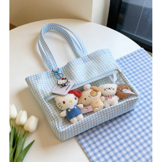 Túi Tote nữ nylon trong suốt màu xanh tối giản của Nhật Bản