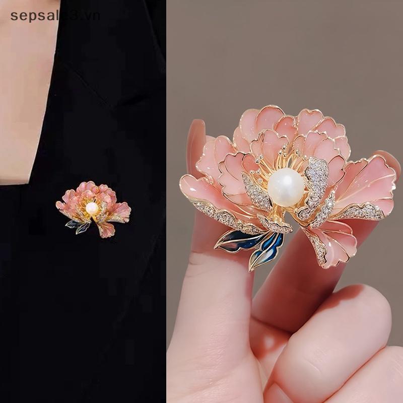 Trâm cài kim cương giả họa tiết hoa mẫu đơn màu hồng và xanh ngọc trai - Trang sức sang trọng cho cô nàng dự tiệc