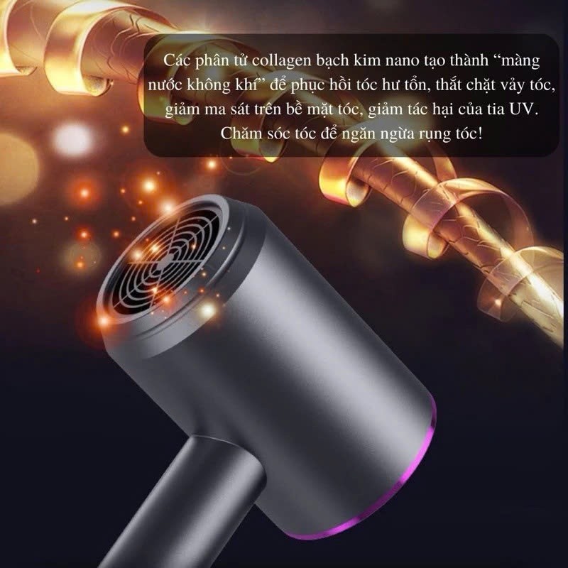 Máy Sấy Tóc Mini Công Suất Lớn Tạo Kiểu Với 2 Chiều Nóng Lạnh, Máy Sấy Phạm Thoại Có Ánh Sáng Tím
