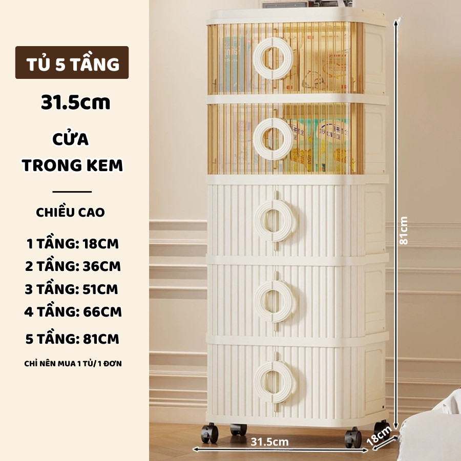 Tủ Gấp Gọn Đựng Đồ Đa Năng ENODA HOME, Tủ Nhựa 5 Tầng Cửa Trong Suốt Tay Cầm Tròn Có Bánh Xe Tiện Lợi TUN002
