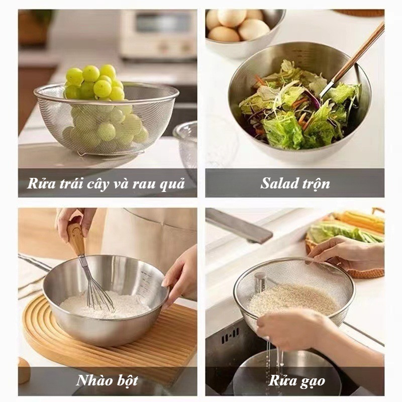 Chậu Rửa Rau Inox 304 Có Giỏ Lọc, Dày Bền, Không Gỉ, Size 19/22/28cm, Đa Năng Nhà Bếp