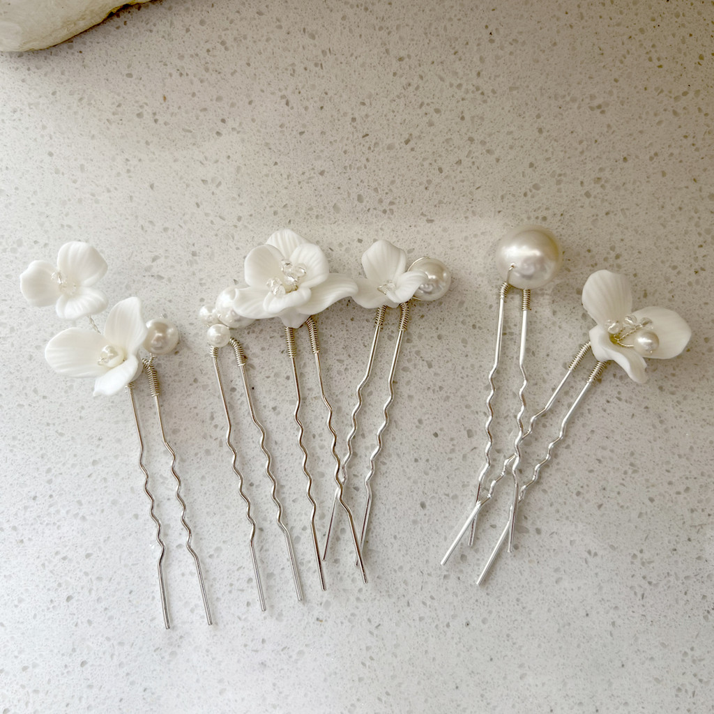 6 Chiếc Kẹp Tóc Handmade Hình Chữ U Ngọc Trai và Hoa Gốm - Phù Hợp Lễ Hội Tiệc Cưới