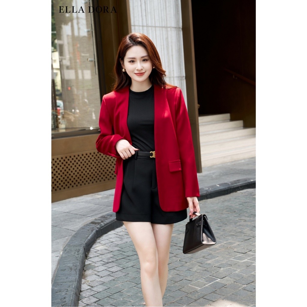 Blazer nữ ELLA DORA thiết kế cổ không ve dáng suông thanh lịch hiện đại 3 màu ĐỎ/ĐEN/BE [V25]