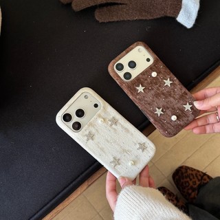Hàn Quốc 3D Kim Cương Ngôi Sao Nhỏ Ngọc Trai Sóng Điểm Nhung Vải Ốp Lưng Điện Thoại iPhone 17Promax 17Pro 14 15 16 Pro Max 13 Vỏ Di Động Nữ Chống Sốc