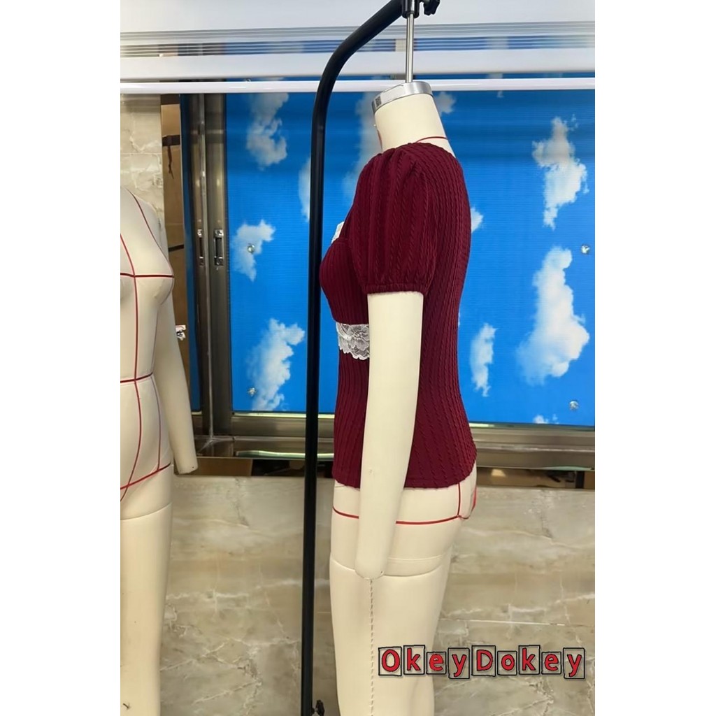 Áo sơ mi nữ retro tay ngắn dáng slim fit, cổ ren, phong cách grunge