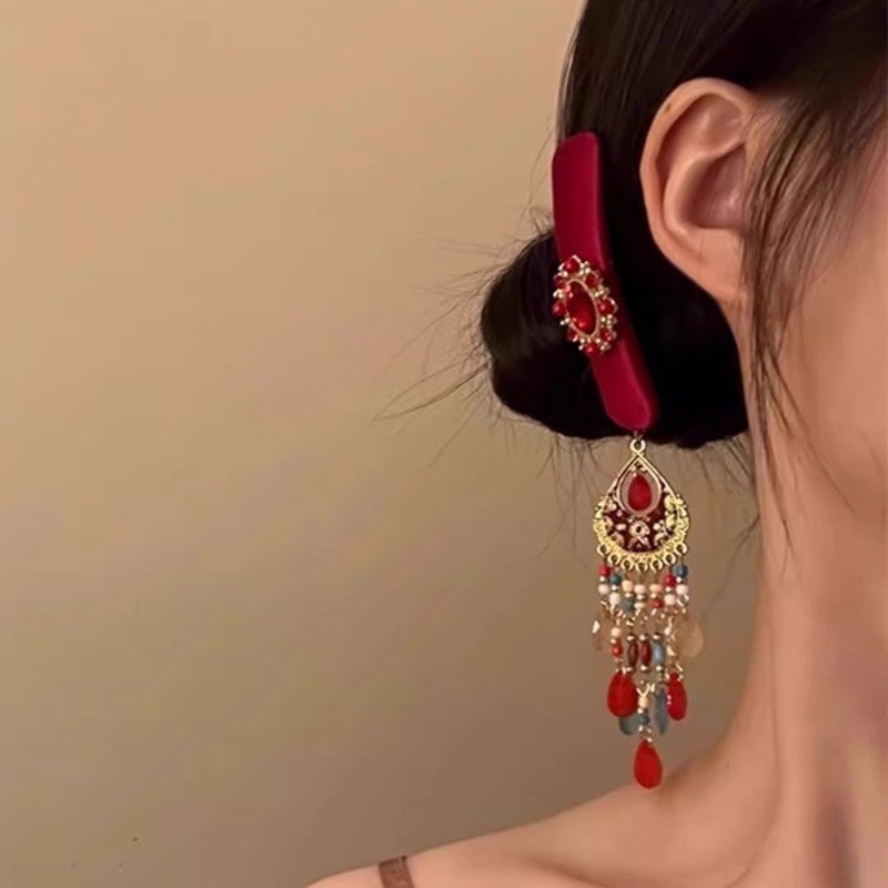 Kẹp Tóc Tua Rua Màu Đỏ Phong Cách Truyền Thống Trung Quốc - Phụ Kiện Thời Trang Dành Cho Nữ