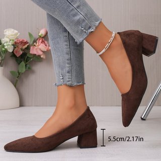Giày Cao Gót Nữ Mũi Nhọn Dày Gót Slip-On Nông Miệng 35-42