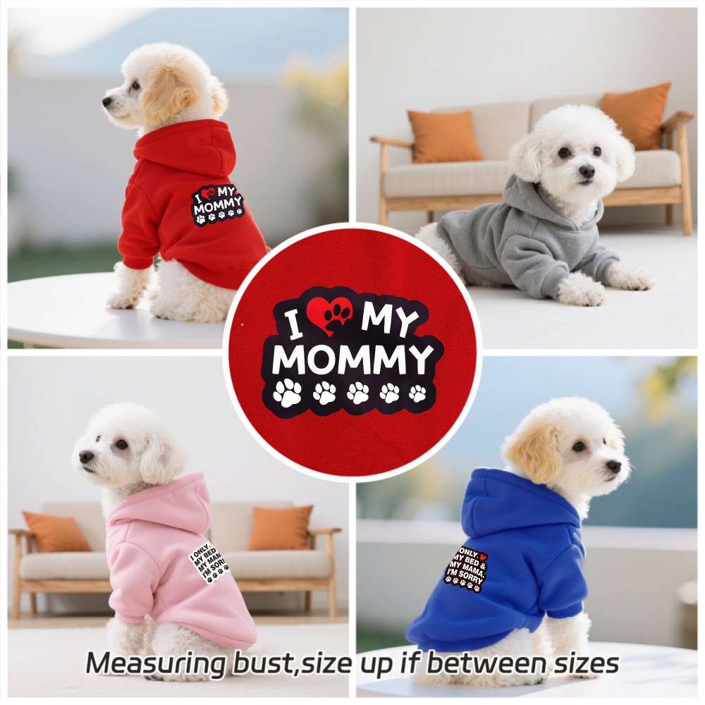 Size S-2XL: Áo nỉ có mũ trùm đầu cho thú cưng, tôi yêu giường và in phông chữ của mẹ, Có sẵn 5 màu. Mềm mại, thoải mái, ấm áp, có thể giặt được bằng máy và phù hợp cho tất cả các giống chó nhỏ.