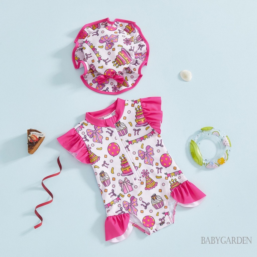 6 tháng-5 tuổi Trẻ Em Bé Gái Nơ Cupcake Tay Bay Zip-up Đồ Bơi Một Mảnh Có Mũ